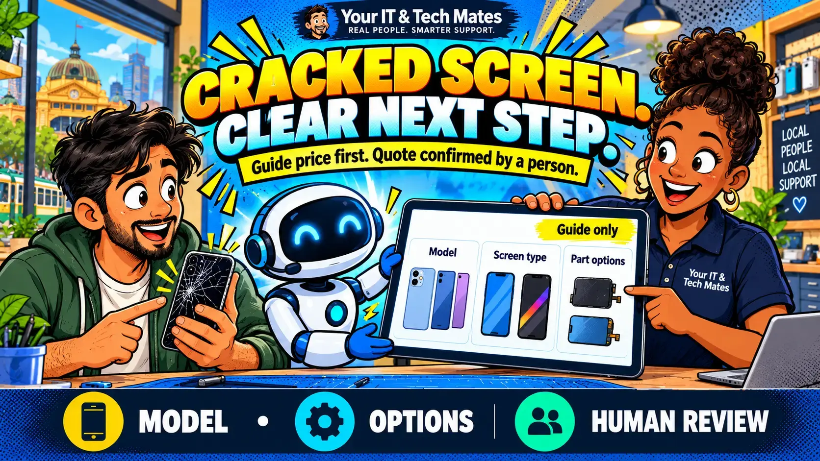 Your IT & Tech Mates illustration of a cracked iPhone screen assessment with a customer checking model details and repair price guidance.