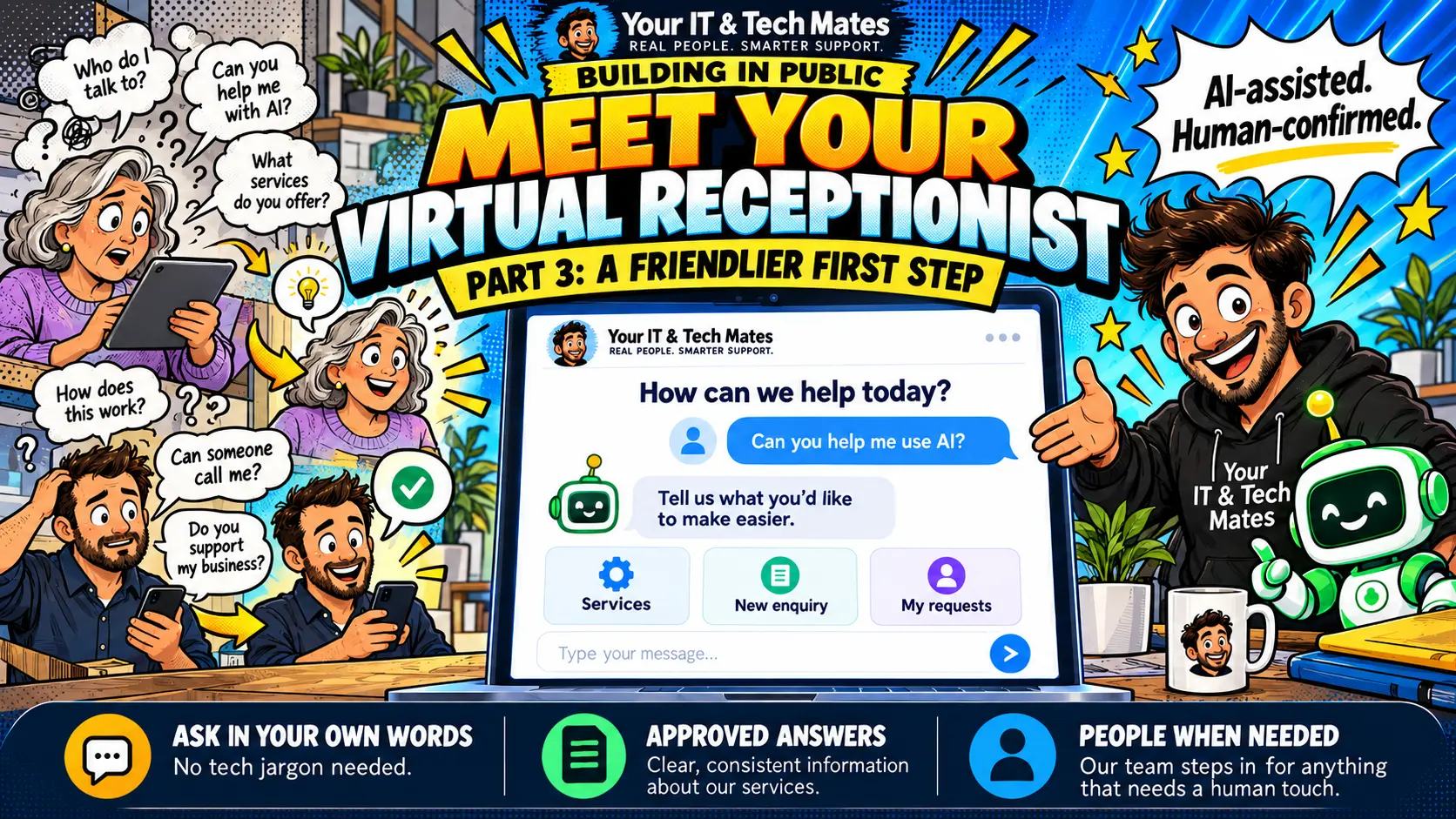 YITM’s virtual receptionist helps seniors and business customers ask technology questions, explore services and start an enquiry.