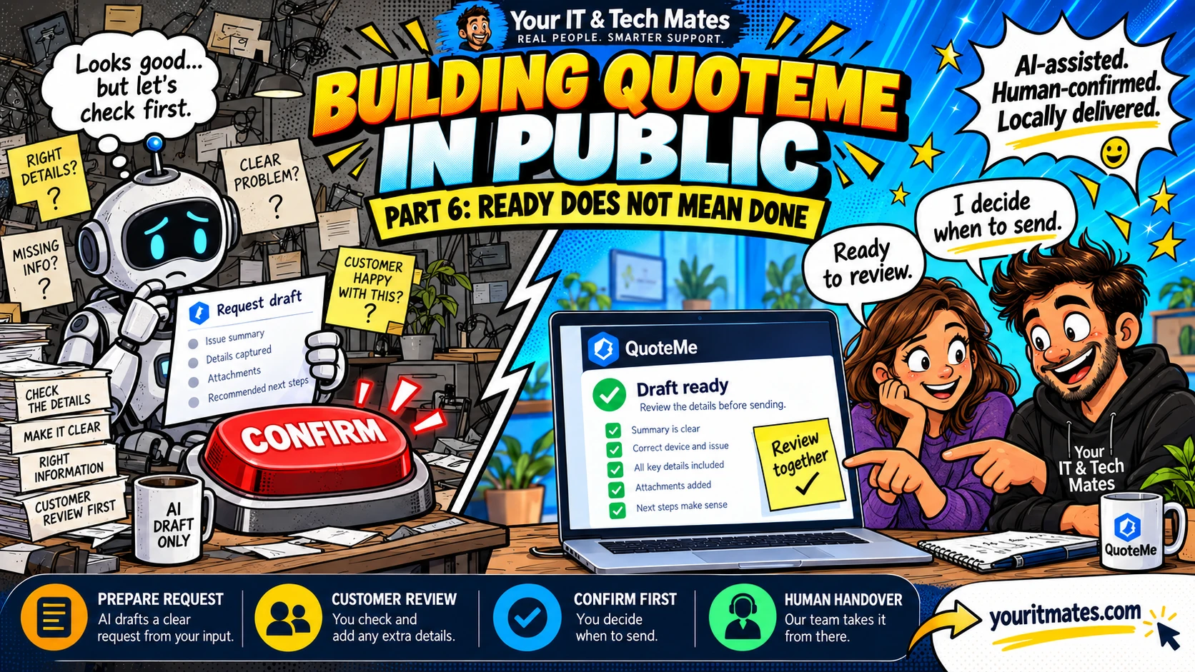 Your IT & Tech Mates comic illustration for QuoteMe Part 6: The Difference Between Ready and Done.