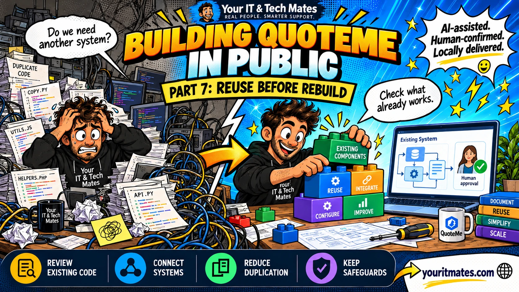 Your IT & Tech Mates comic illustration for QuoteMe Part 7: Reuse Before Rebuild.