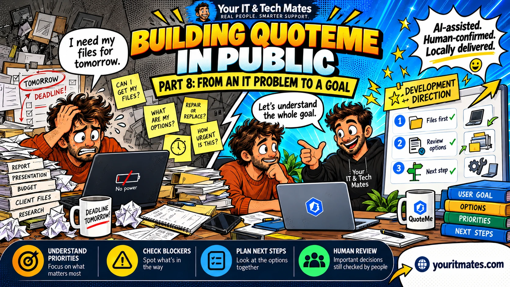 Your IT & Tech Mates comic illustration for QuoteMe Part 8: From an IT Problem to a Customer Goal.