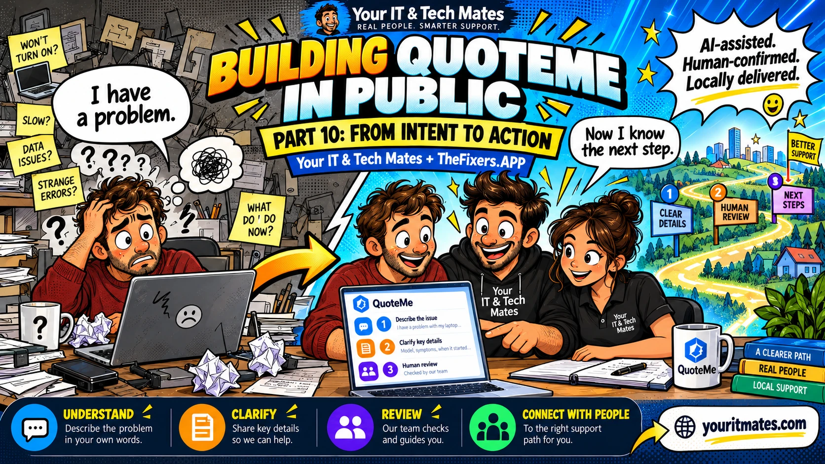 Your IT & Tech Mates comic illustration for QuoteMe Part 10: From Intent to Action.