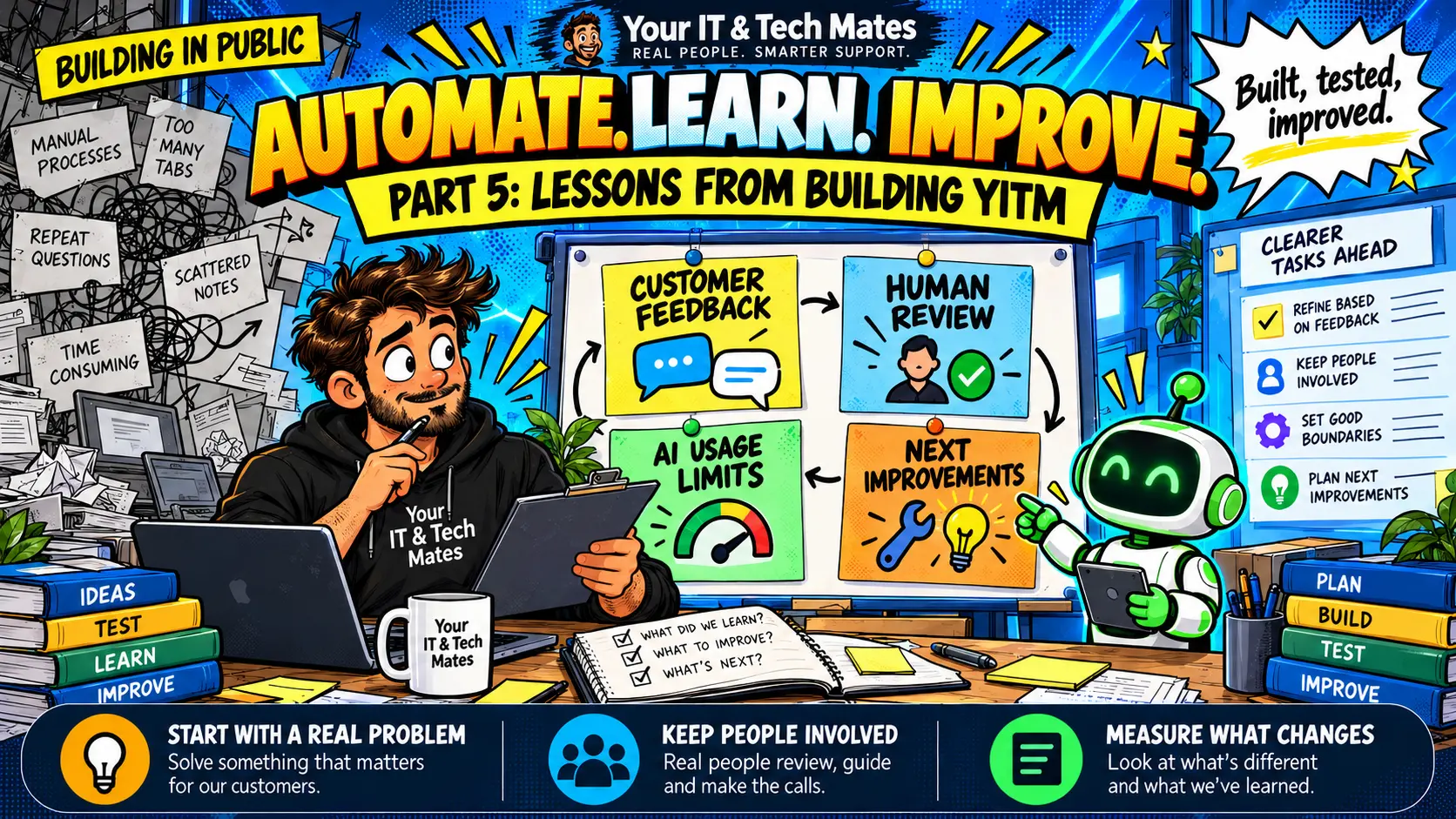 Your IT & Tech Mates character and robot review customer feedback, human oversight, AI usage limits and improvements to the enquiry workflow.