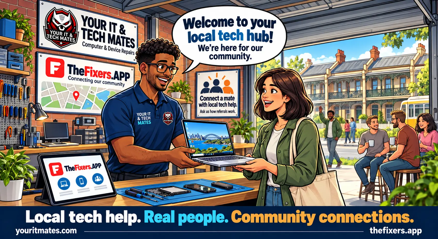 Illustration of a Your IT & Tech Mates technician handing a laptop to a customer at a local tech hub, with TheFixers.APP community referral signage.