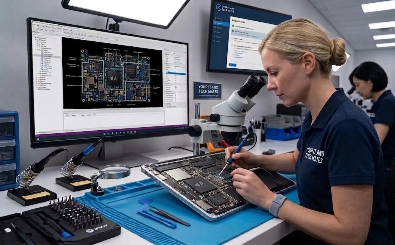 MacBook logic-board repair and laptop electronics diagnostics by Your IT and Tech Mates