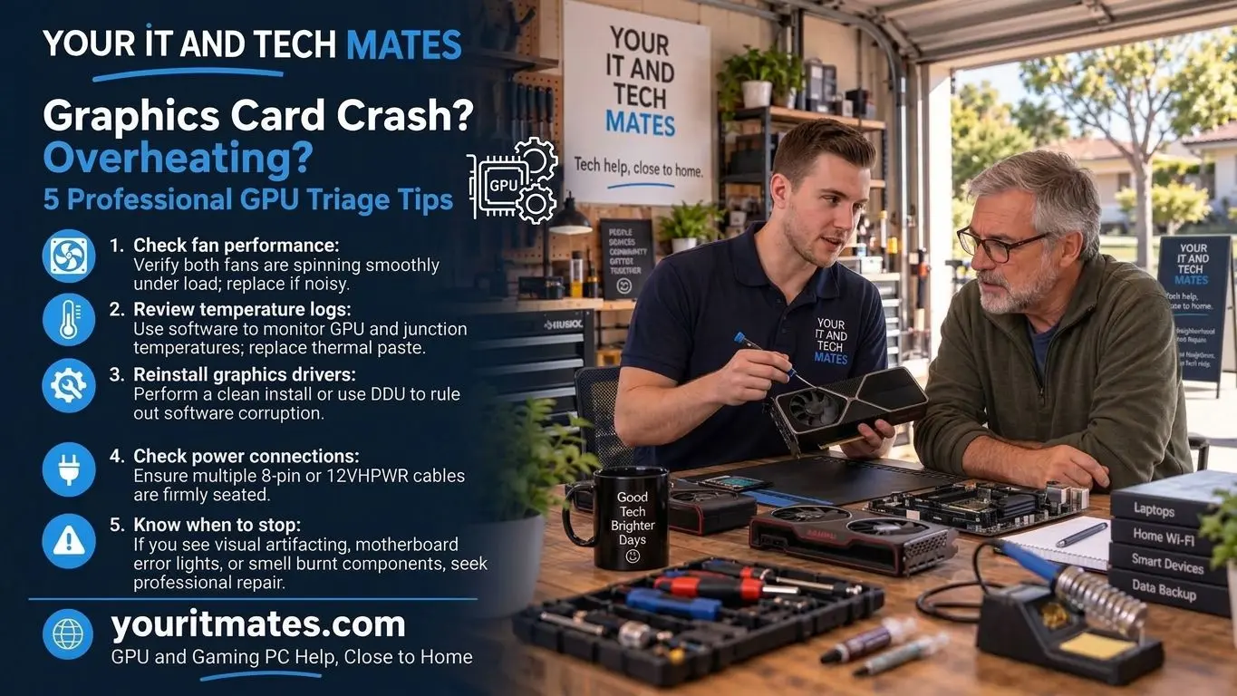 Your IT & Tech Mates AMD and NVIDIA graphics card repair guide showing GPU diagnostics, thermal service, fan checks and local support for no display, overheating and visual artifacts.