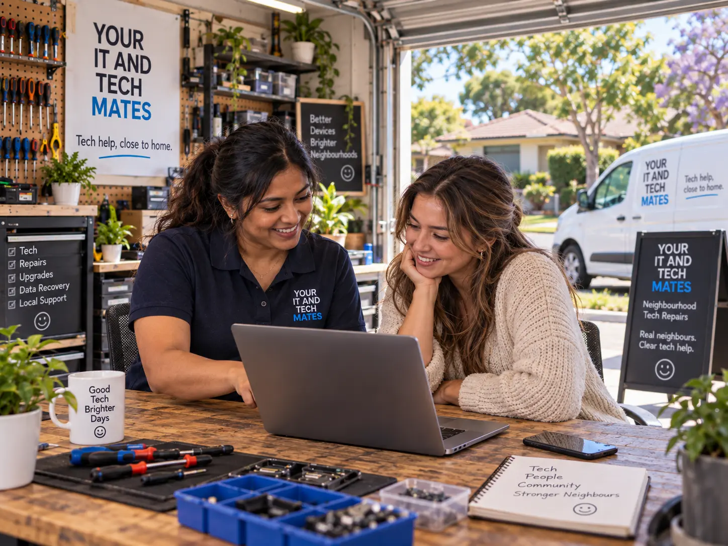 Your IT and Tech Mates technician inspecting a laptop with a customer in a local Melbourne North repair workshop.
