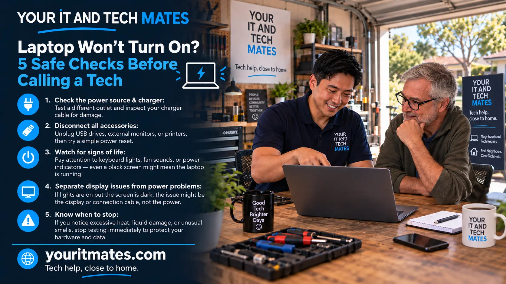 Your IT and Tech Mates technician helping an older customer understand a laptop that will not turn on in a Melbourne North workshop.