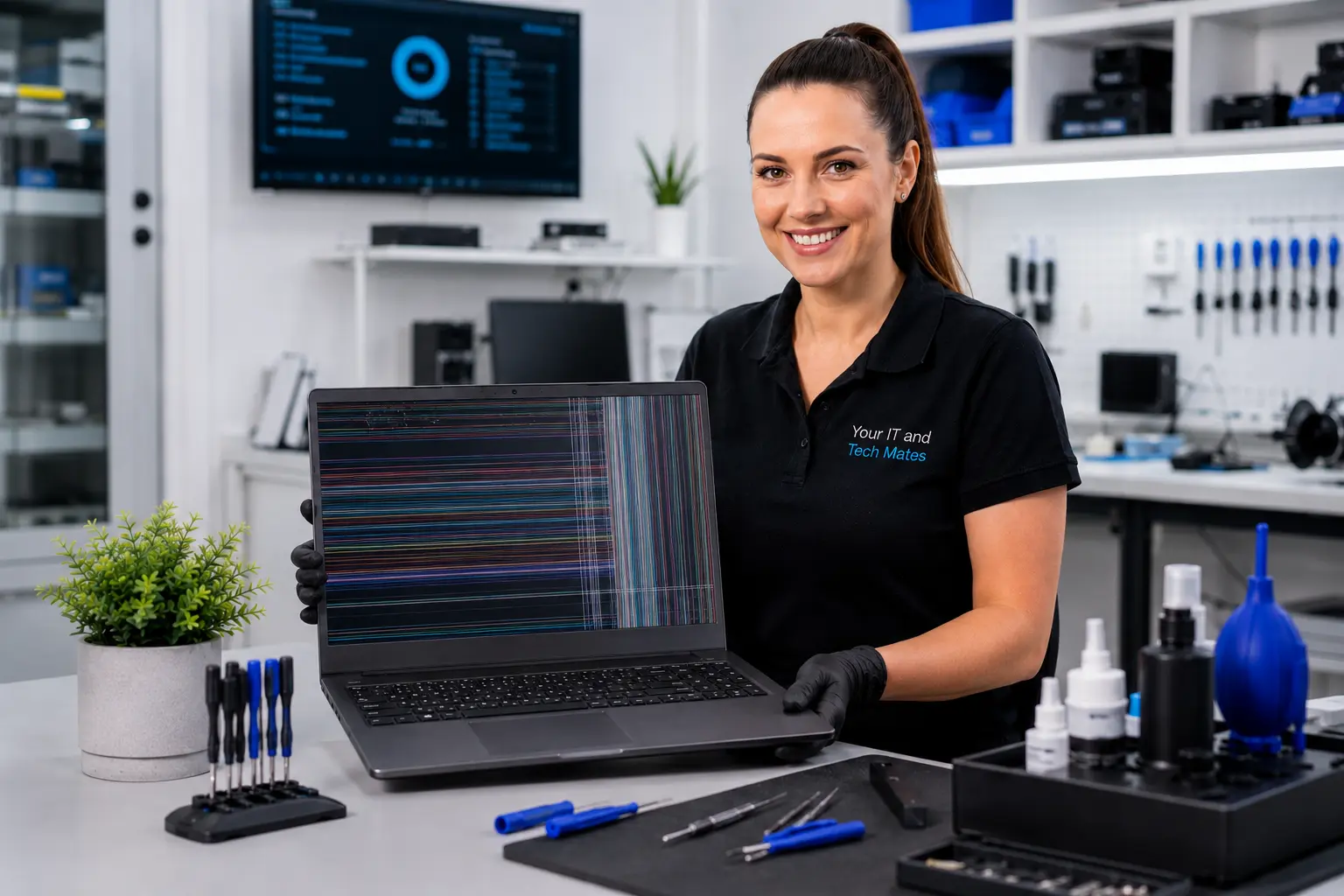 Laptop screen showing persistent red green blue and multicoloured display lines that can indicate panel cable or graphics faults