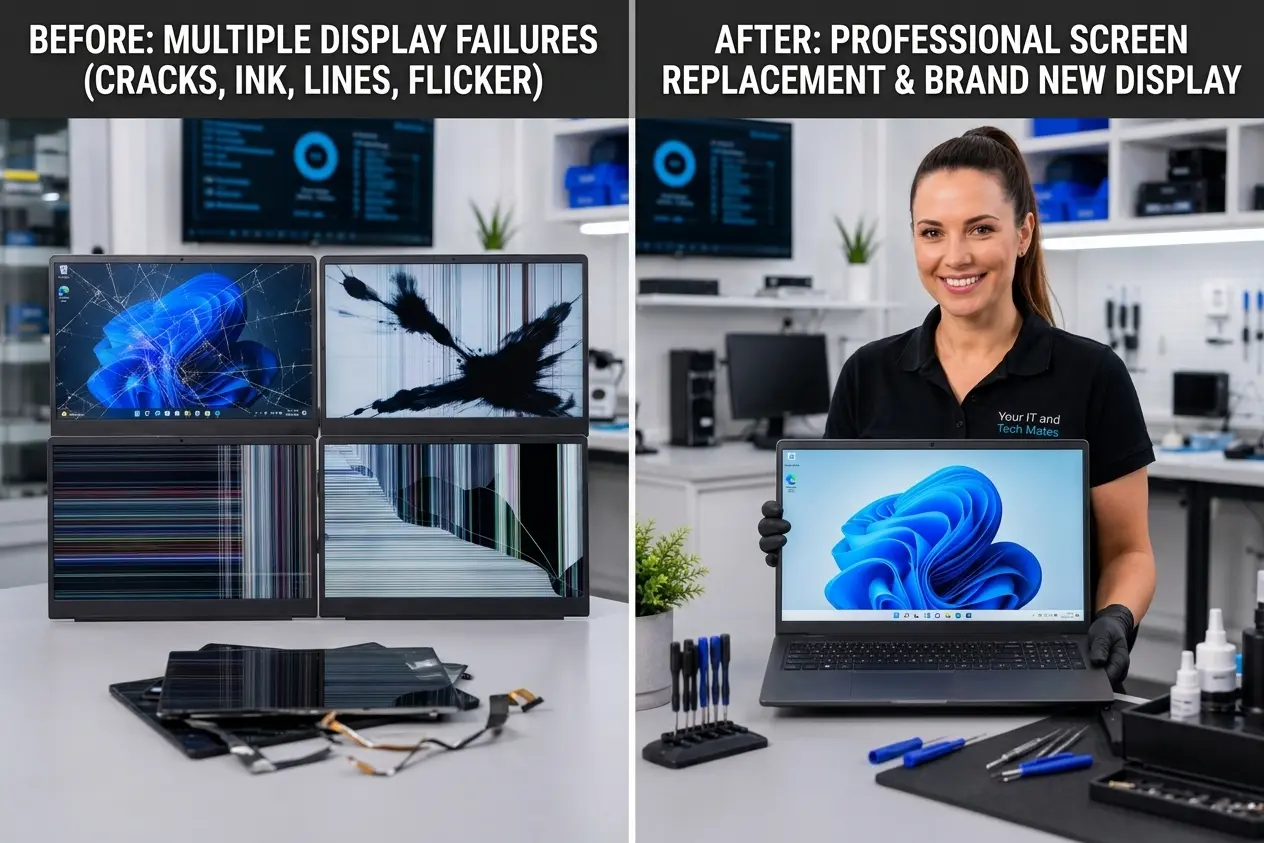 Laptop screen repair before and after comparison showing a damaged display and the repaired replacement screen by Your IT and Tech Mates in Melbourne
