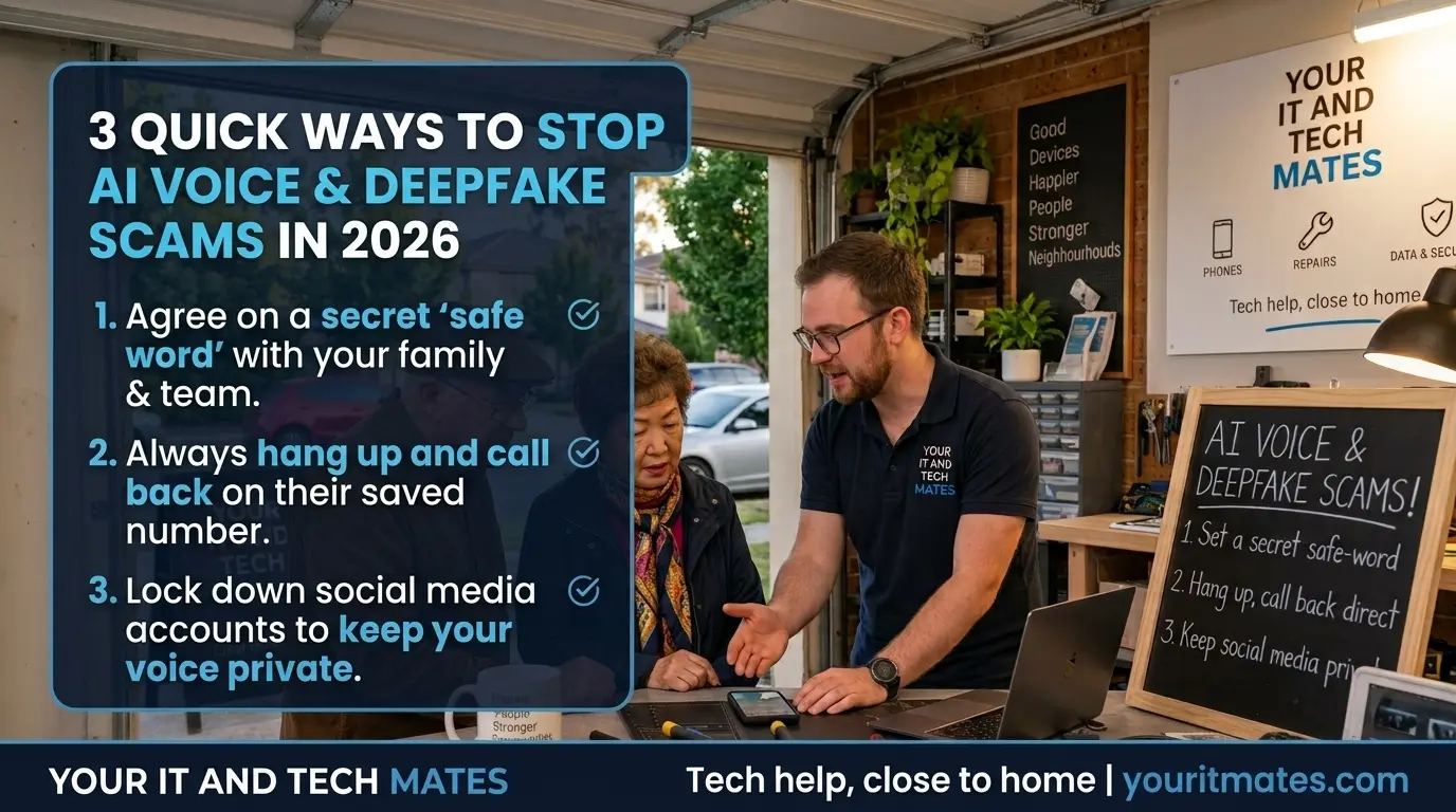 Your IT and Tech Mates technician helping local residents understand AI voice cloning and deepfake scam protection.