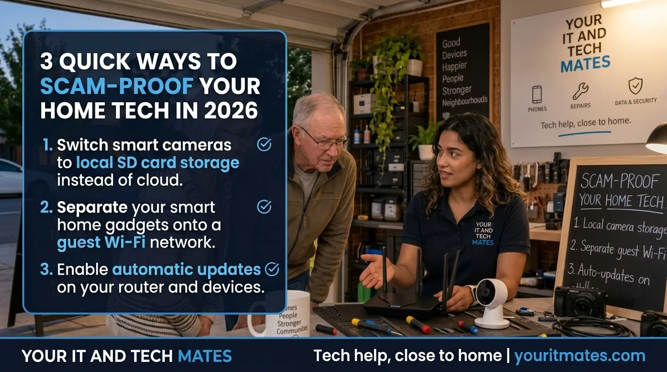 Your IT and Tech Mates technician helping a senior couple review home Wi-Fi, smart camera and home technology safety in a local garage workshop.