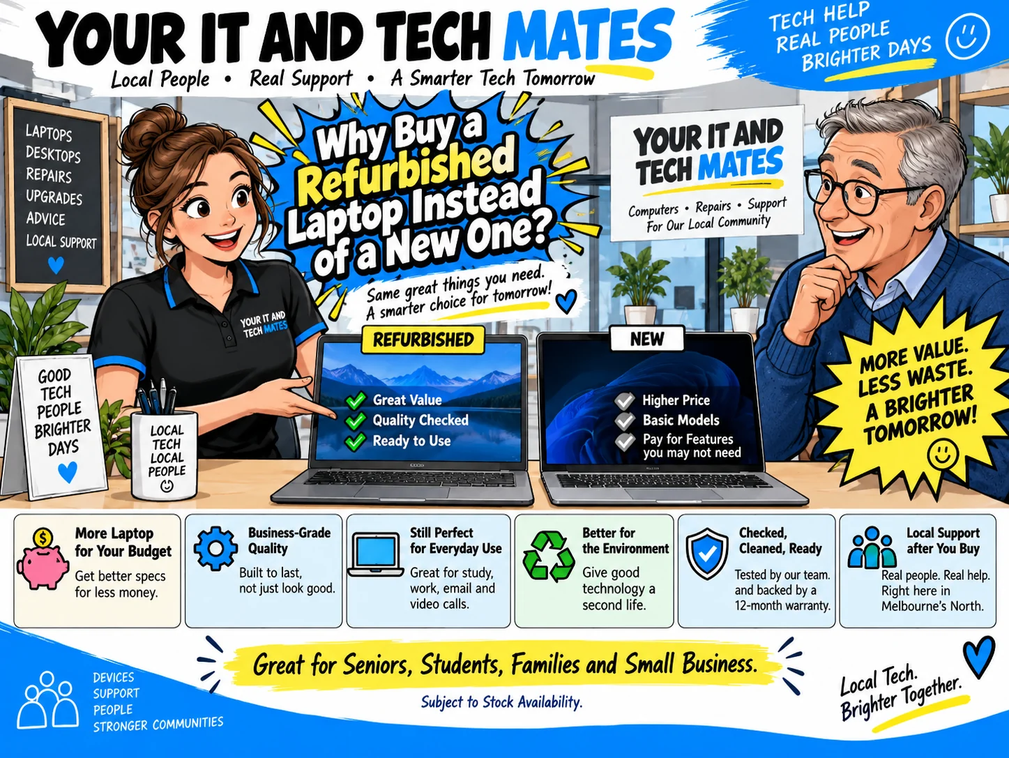 Comic guide comparing refurbished and new laptop value from Your IT and Tech Mates
