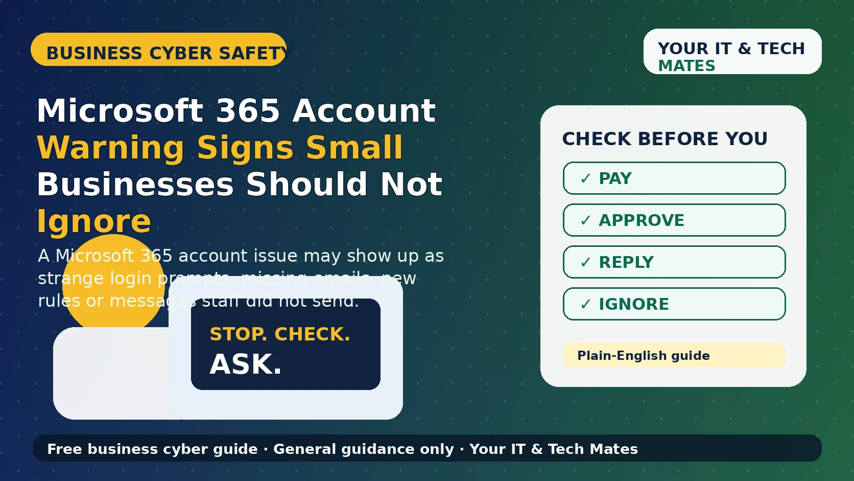 Your IT & Tech Mates Microsoft 365 account warning signs guide for Australian small businesses reviewing unusual sign-ins, mailbox rules and MFA prompts.