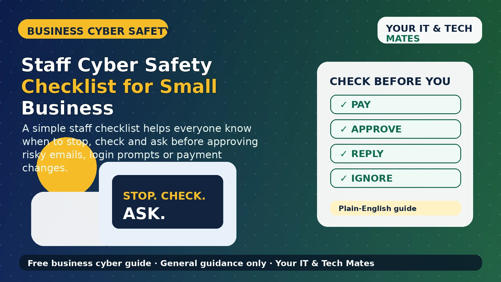 Your IT & Tech Mates staff cyber safety checklist for Australian small businesses covering suspicious emails, login prompts, passwords and payment changes.