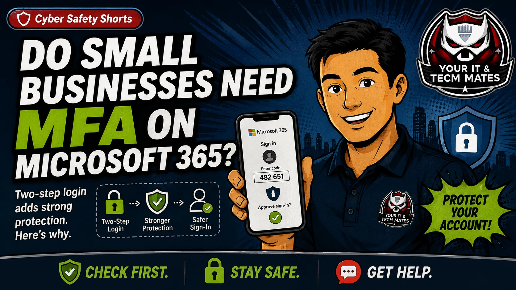 Your IT & Tech Mates Microsoft 365 MFA two-step login hero image showing safer Microsoft 365 sign-in and stronger account protection for small business.
