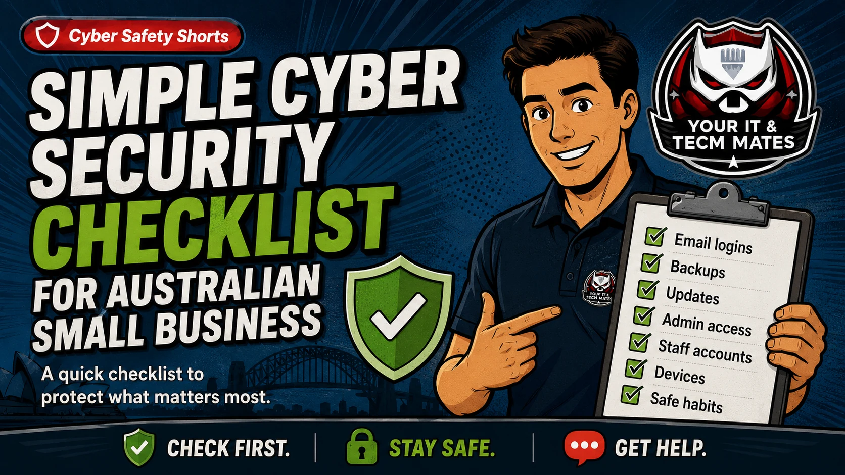 Your IT & Tech Mates simple cyber security checklist for Australian small business hero image showing email logins, backups, updates, admin access, staff accounts, devices and safe habits.