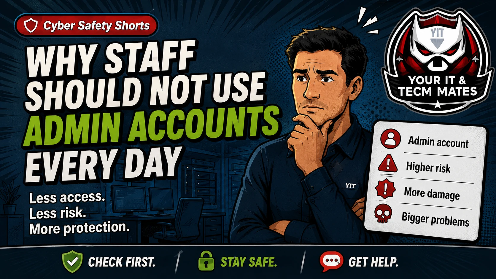 Your IT & Tech Mates staff admin accounts daily risk hero image showing why everyday admin accounts create higher risk, more damage and bigger problems.