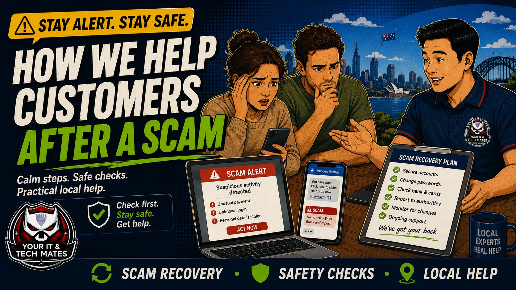 Your IT & Tech Mates technician helping customers after a scam with safe recovery checks, account protection advice and practical local IT support in Australia.