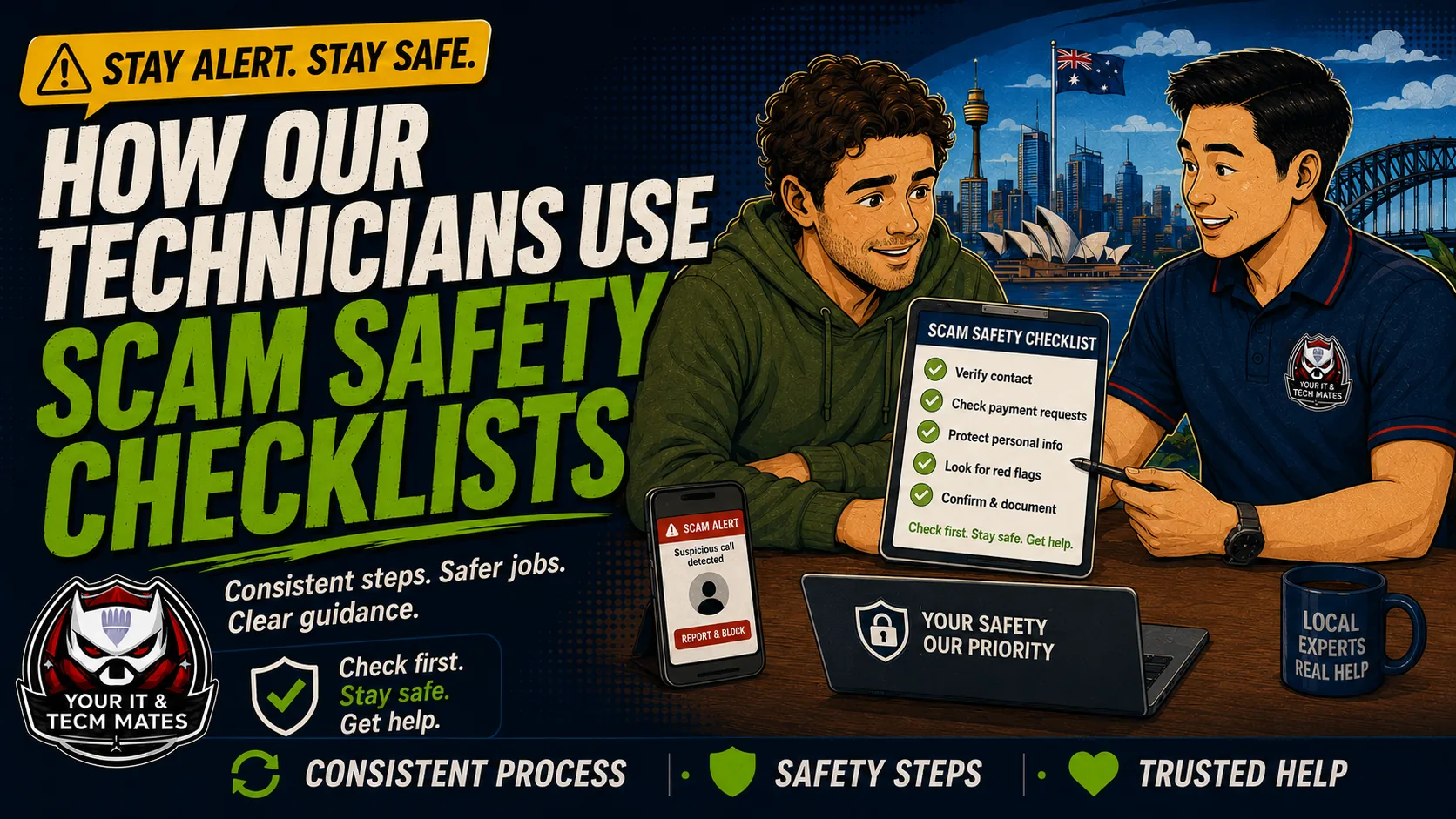 Your IT & Tech Mates technician guiding a customer through a consistent scam safety checklist with clear checks, documentation and trusted local support.