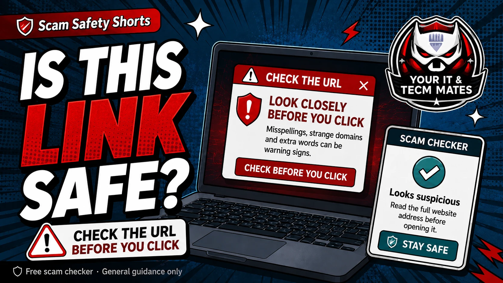 Comic-style scam safety image for checking website links and online shops before paying.