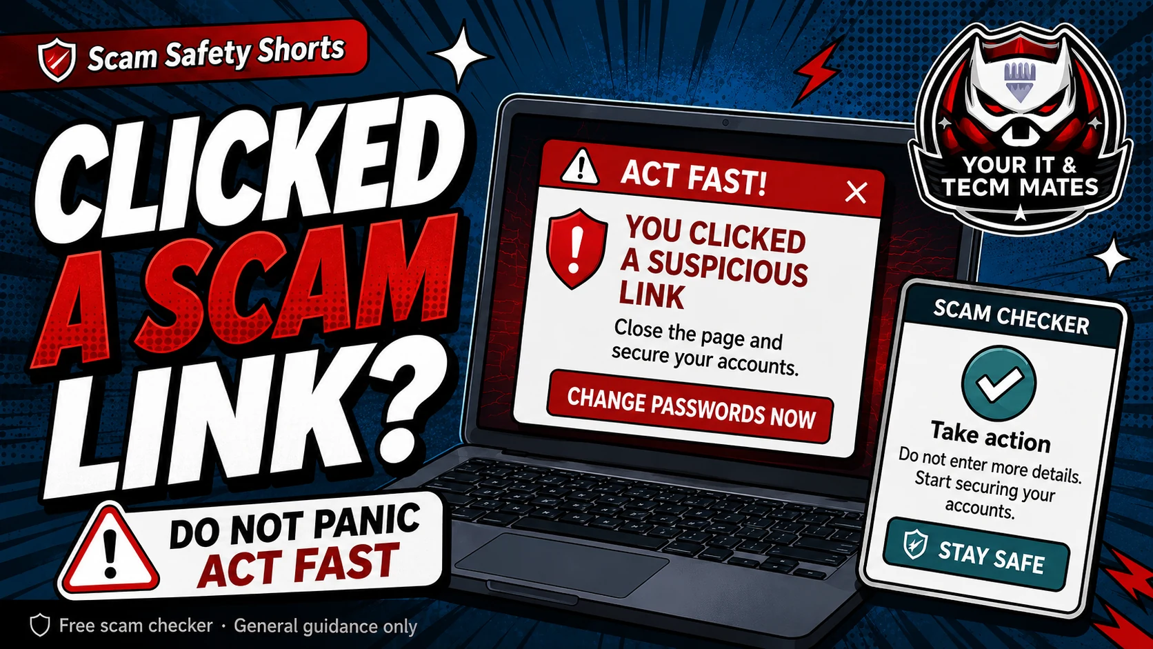 Comic-style scam safety image for next steps after clicking or paying a scammer.