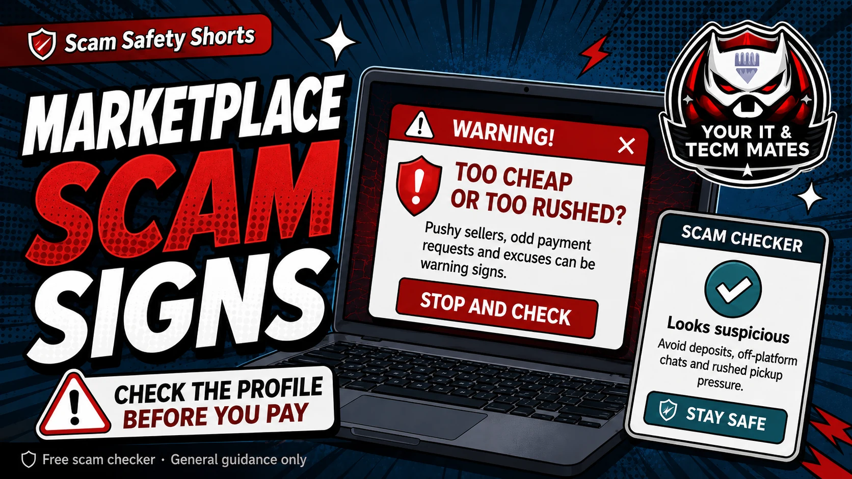 Comic-style scam safety hero image showing marketplace scam warning signs, including rushed payment requests, PayID pressure and courier excuses.
