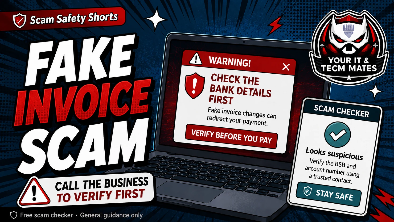 Comic-style scam safety hero image showing a fake invoice warning and reminding small business owners to check bank details before paying.