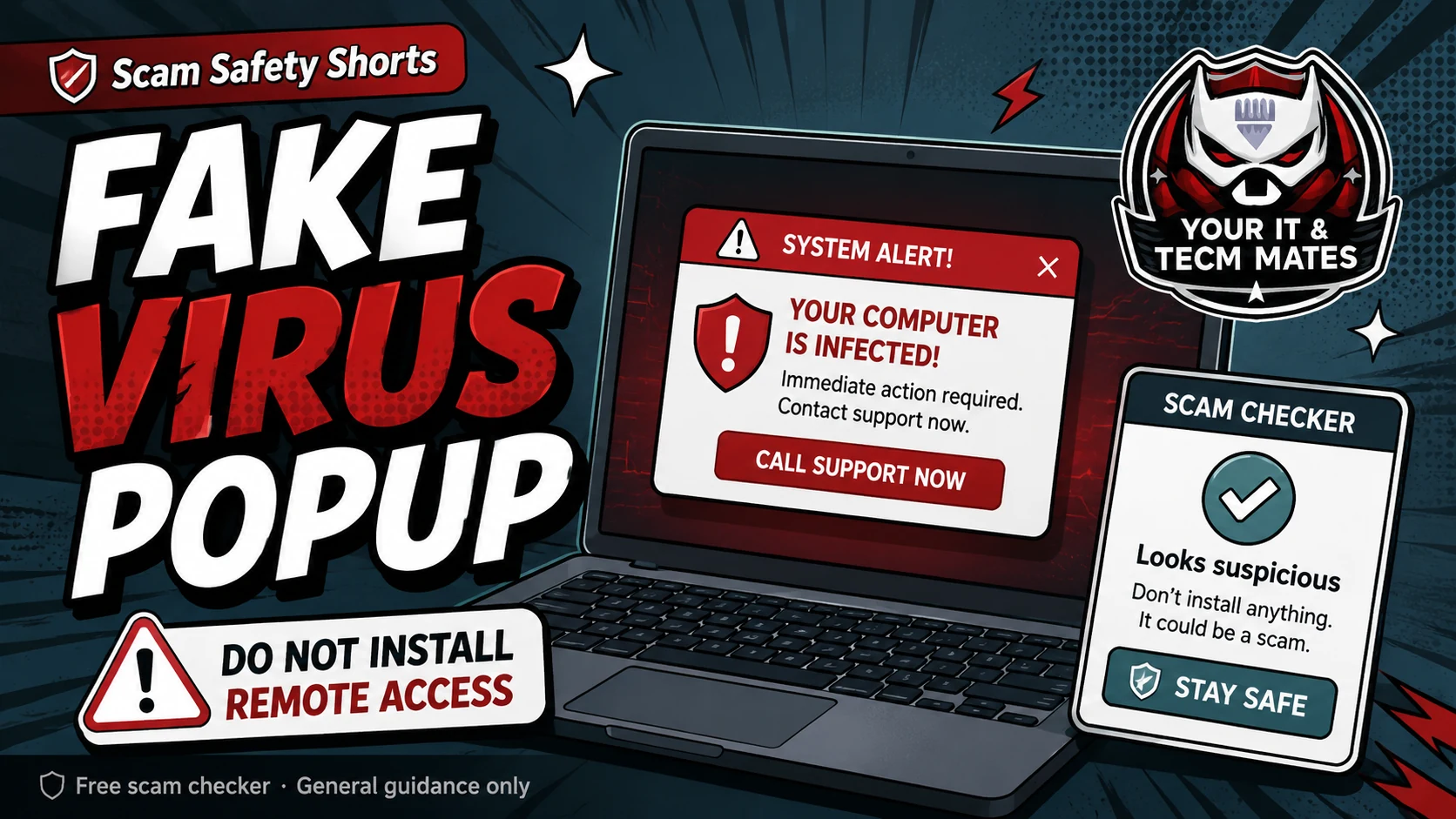 Fake virus popup and remote access scam warning showing a laptop asking the user to call support