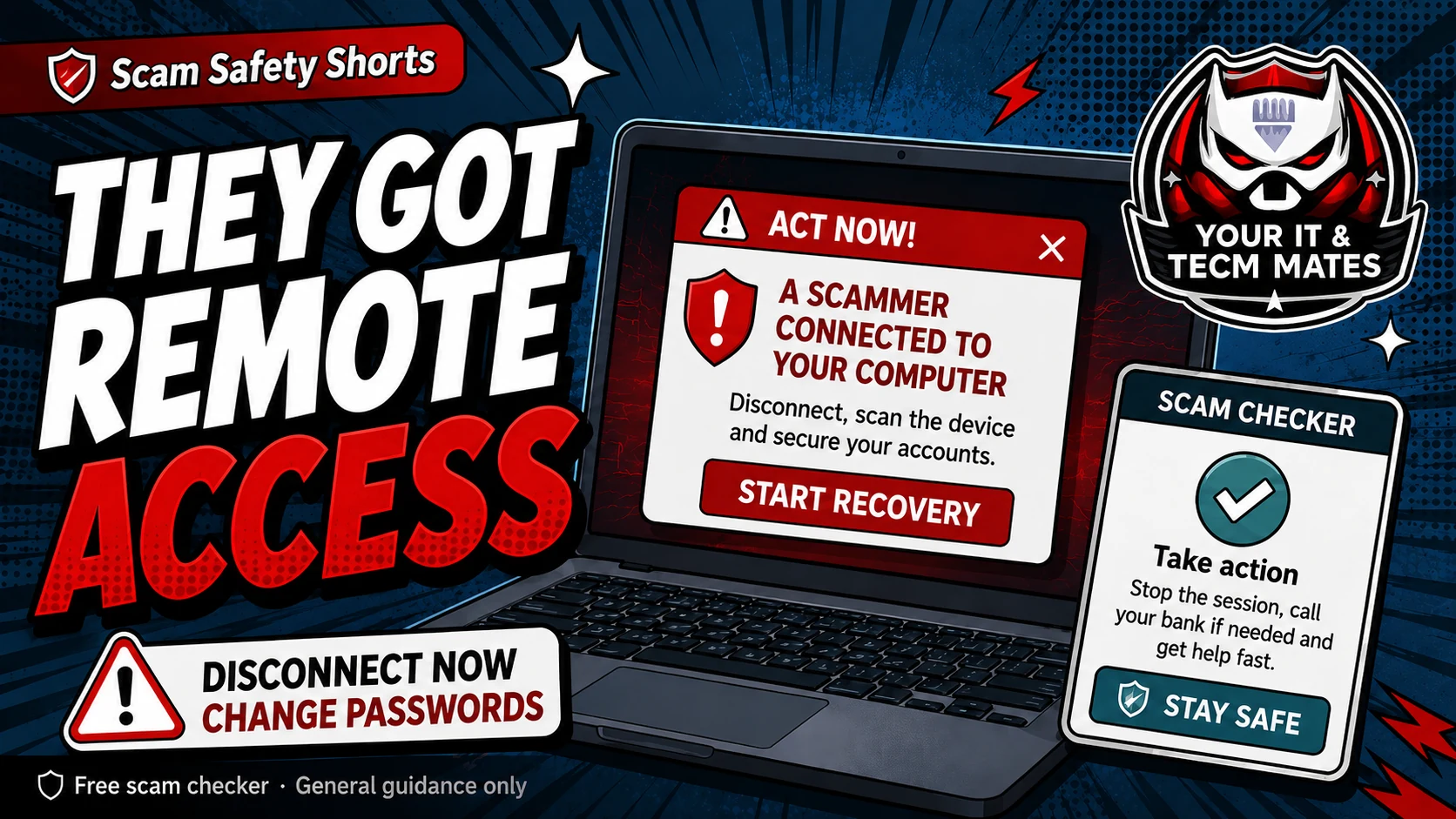 Comic-style scam safety hero image warning users to disconnect and change passwords after giving a scammer remote access to a computer.