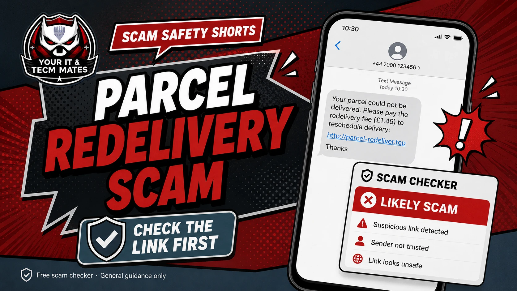 Parcel delivery scam SMS warning with fake redelivery fee and suspicious link