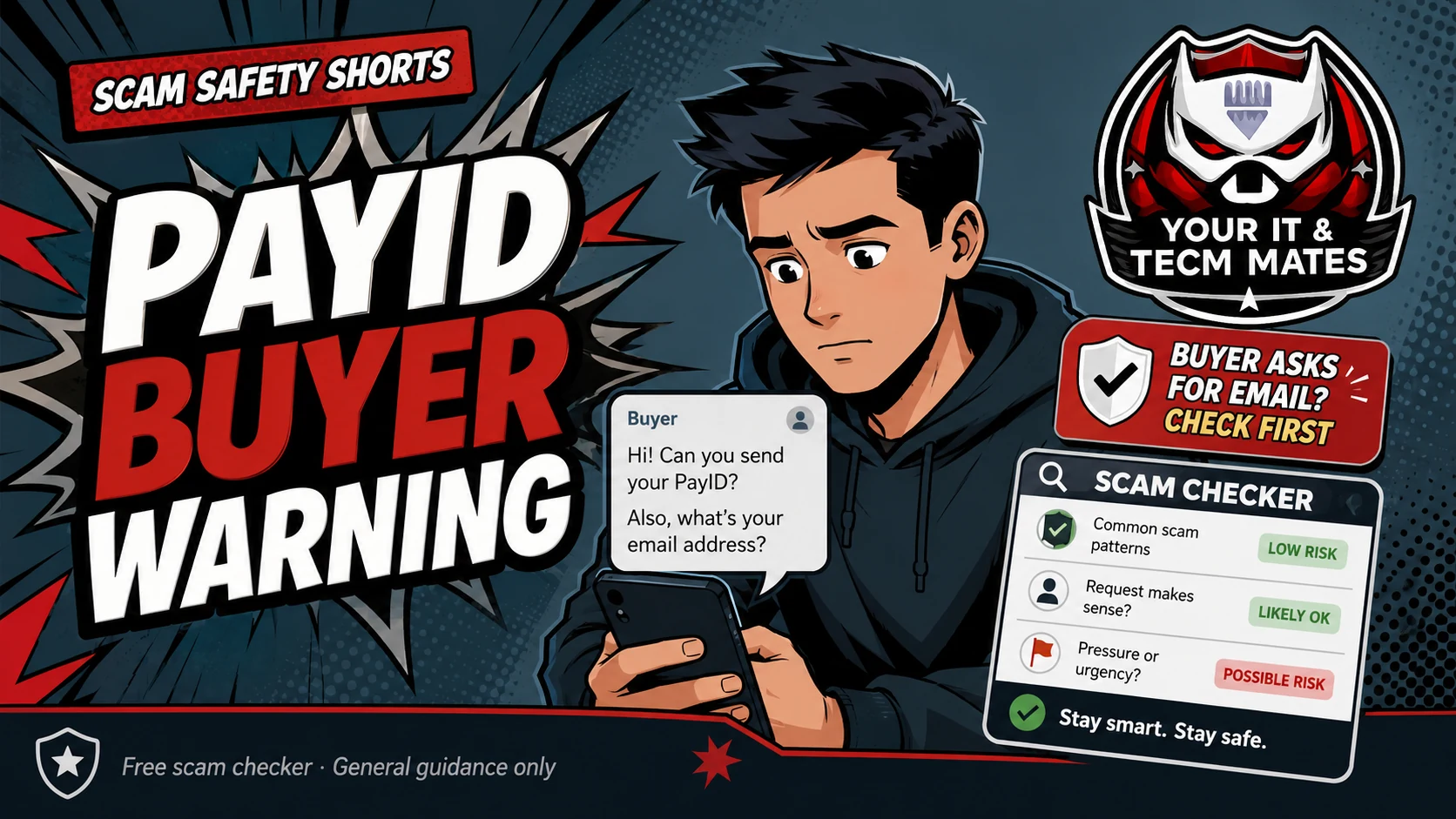 Marketplace PayID buyer scam warning showing a phone message asking for email and payment confirmation
