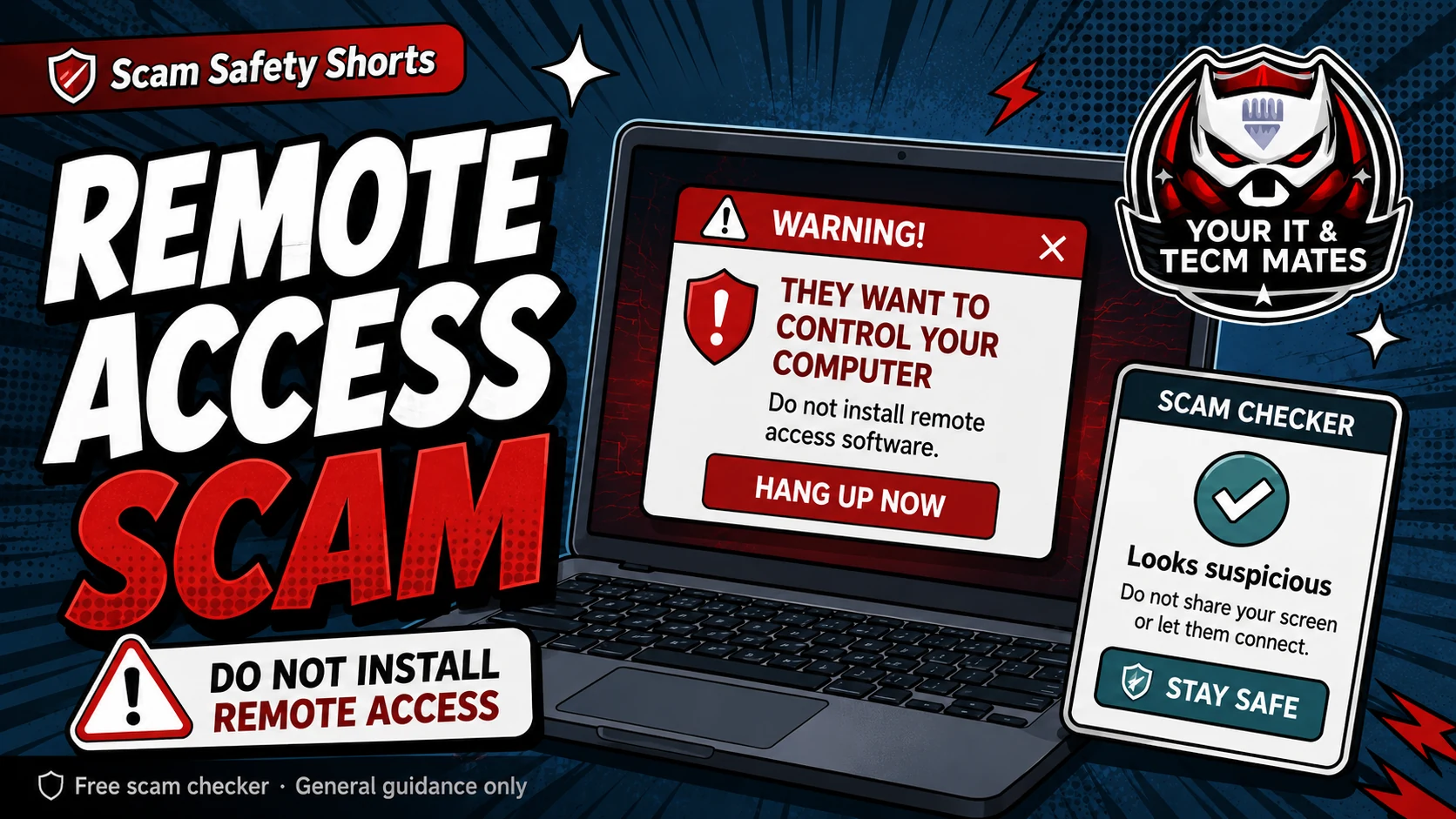 Comic-style scam safety hero image warning Australians not to install remote access software when a stranger asks to control their computer.