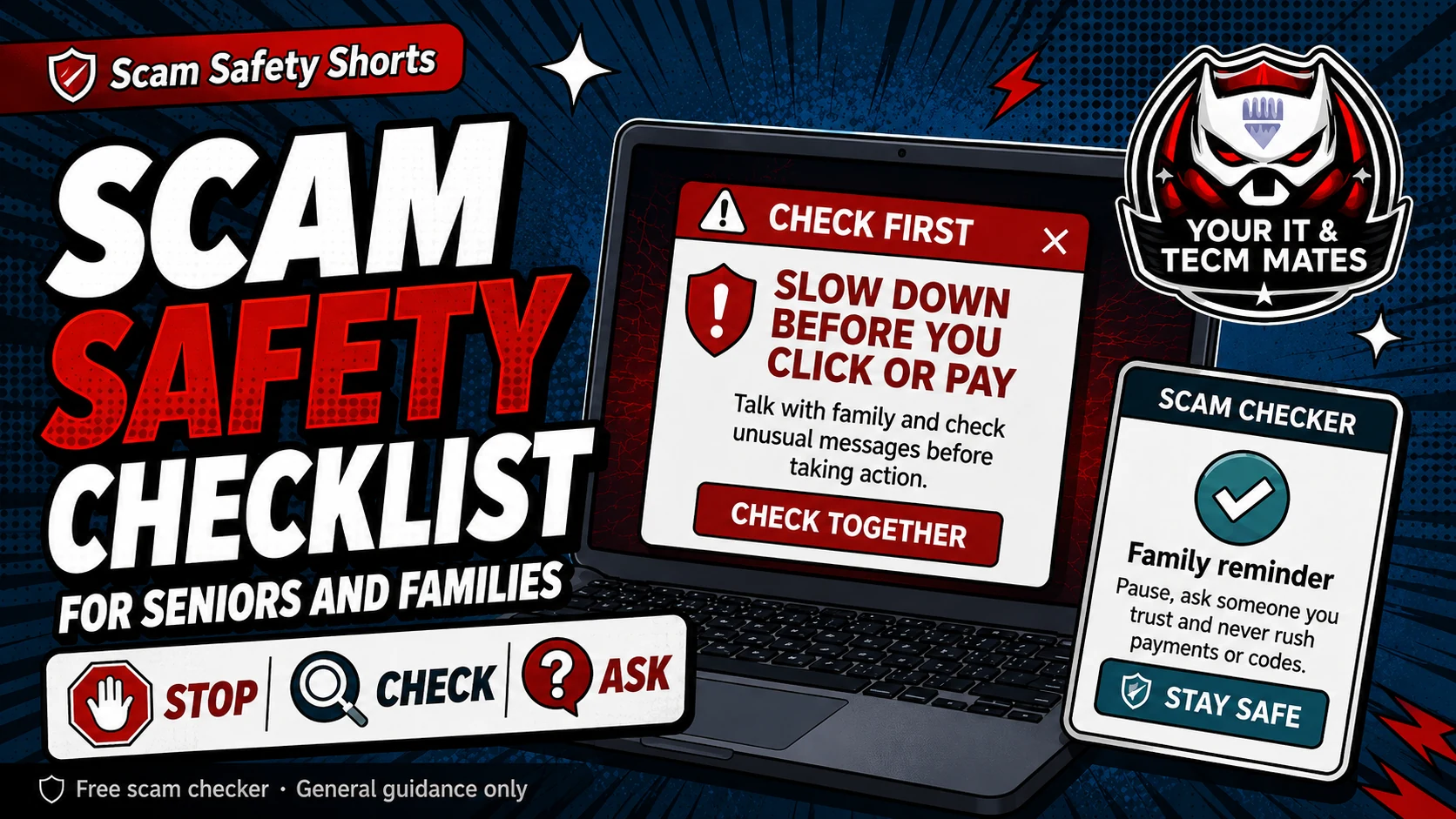 Comic-style scam safety checklist hero image for seniors and families using the simple stop, check and ask rule before clicking or paying.