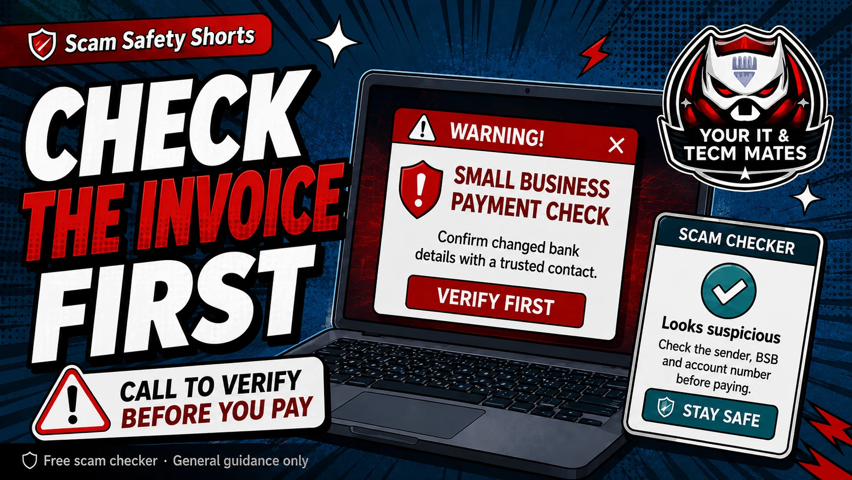 Comic-style scam safety hero image reminding small businesses to verify invoice details before paying changed bank details.
