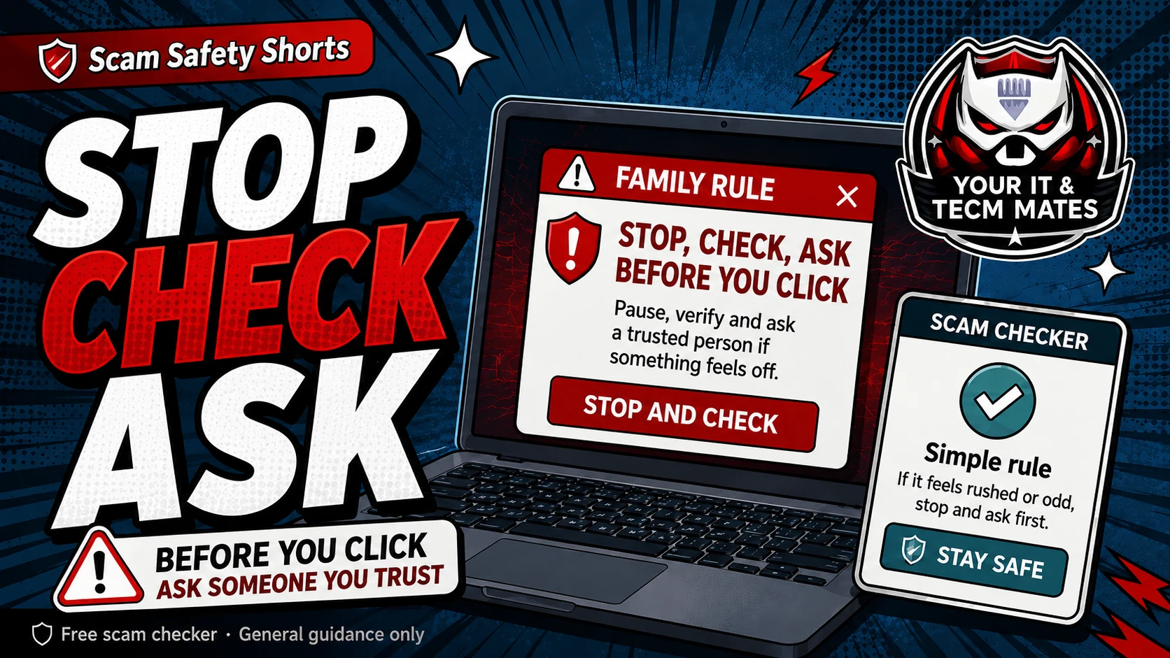 Comic-style scam safety image reminding families to stop, check and ask before scanning or clicking.