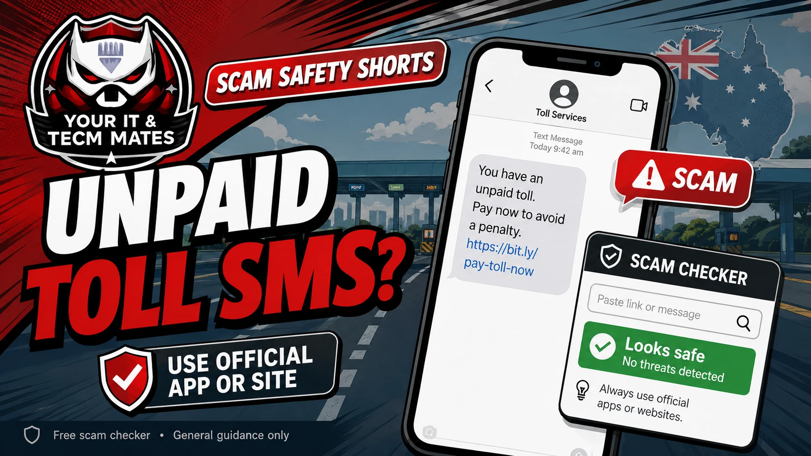Toll road scam SMS Australia warning with fake unpaid toll payment link