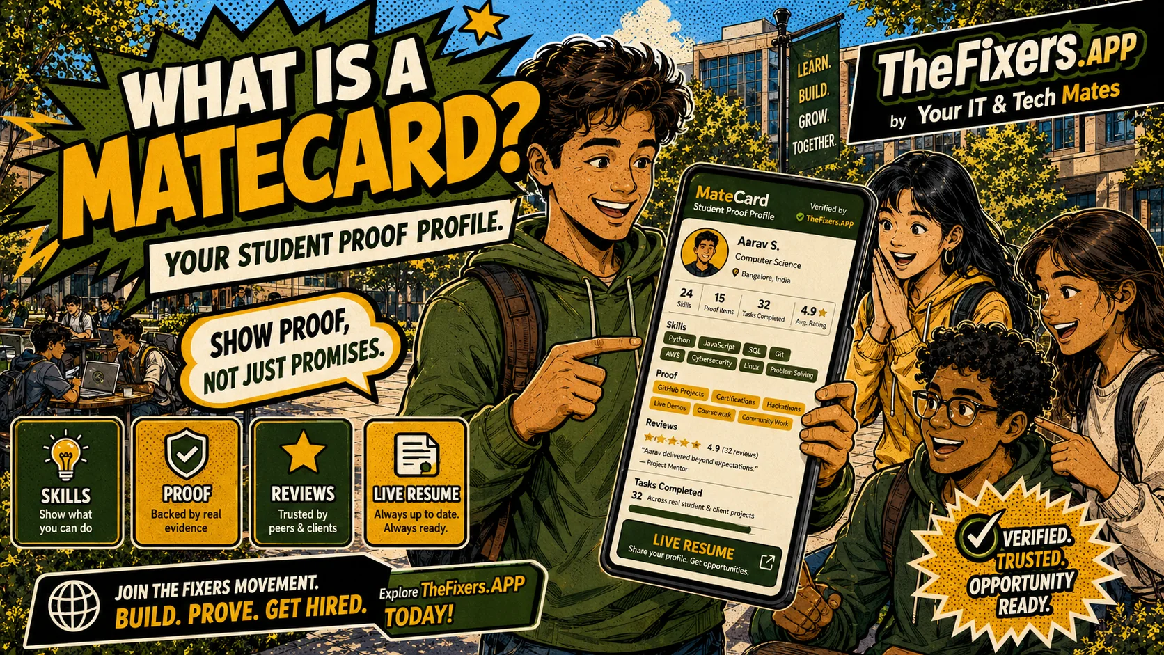 MateCard: Build Proof, Skills and Experience - student experience, proof and Live Resume pathway with TheFixers.APP