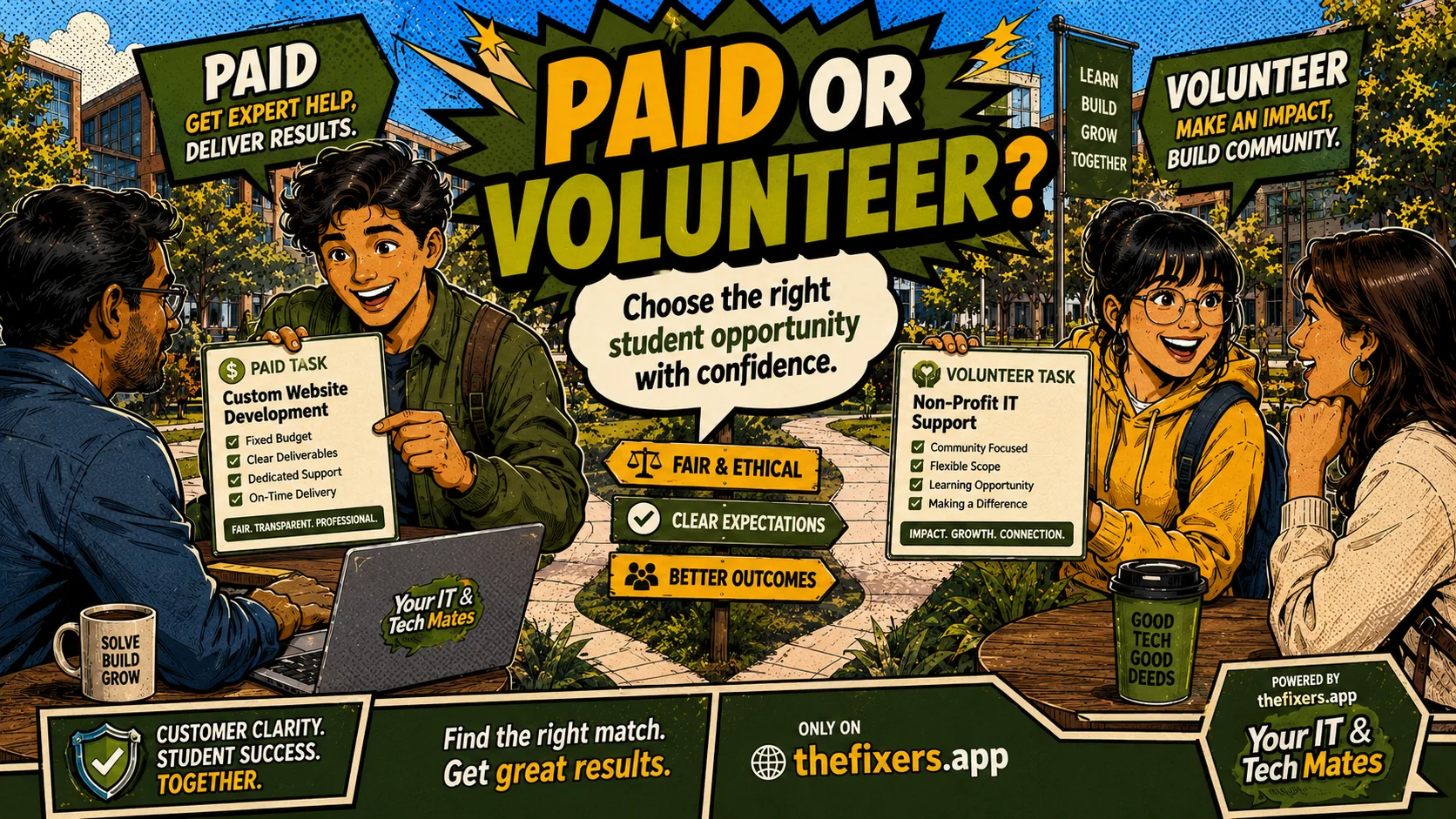 Paid or volunteer student help customer pathway hero showing clear task choices on TheFixers.APP by Your IT & Tech Mates