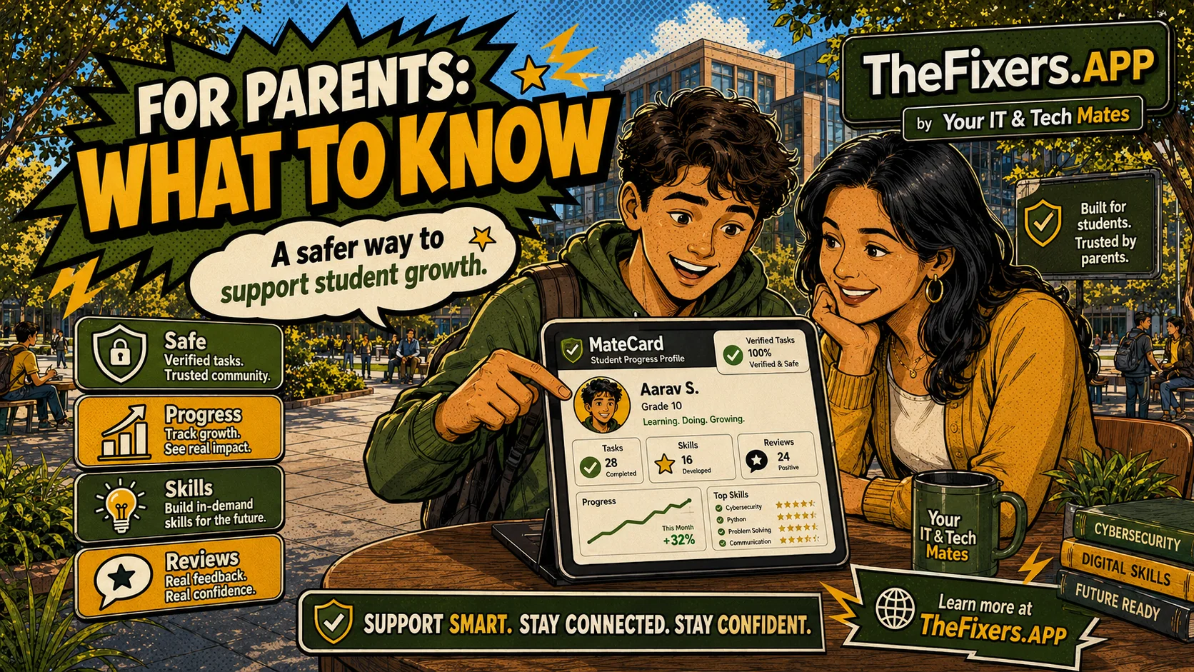Parents guide hero showing a parent and student reviewing MateCard progress safely on TheFixers.APP by Your IT & Tech Mates