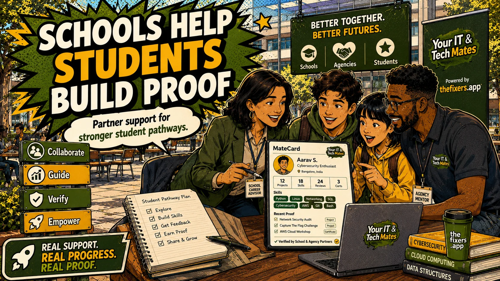 Partner Room hero showing schools and agencies helping students build MateCard proof on TheFixers.APP by Your IT & Tech Mates