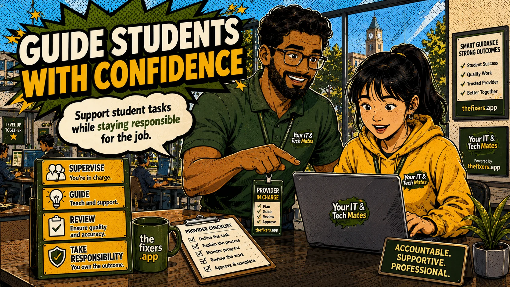 Provider supported student tasks hero showing a provider guiding a student while staying responsible on TheFixers.APP