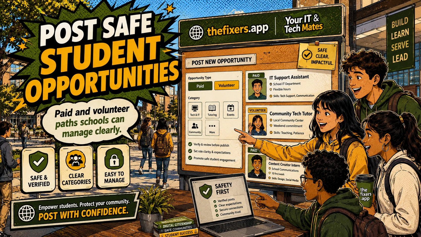 Schools posting safe paid and volunteer student opportunities on TheFixers.APP with Your IT & Tech Mates branding