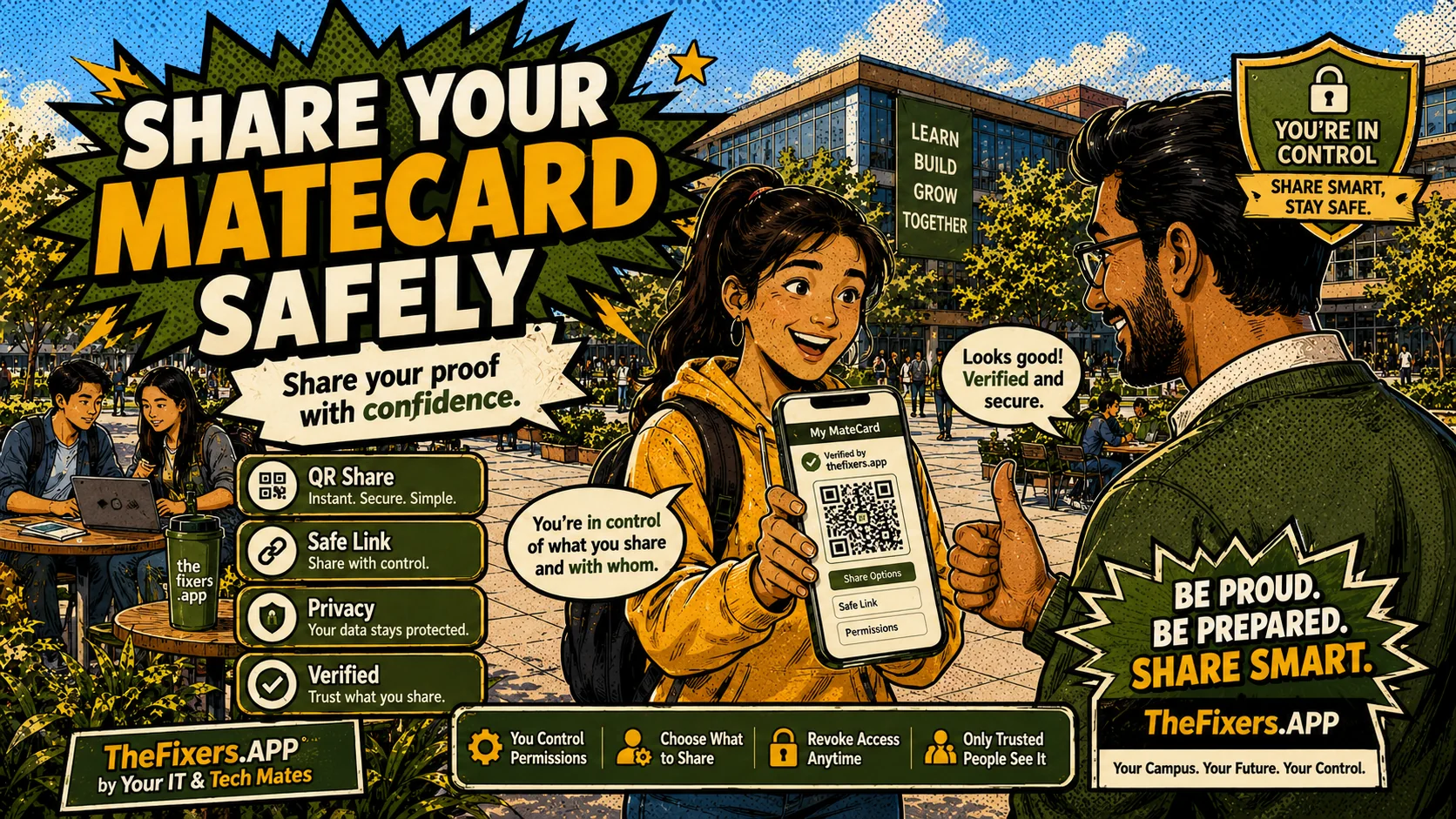 Share MateCard safely hero showing QR sharing, safe links and privacy controls on TheFixers.APP by Your IT & Tech Mates
