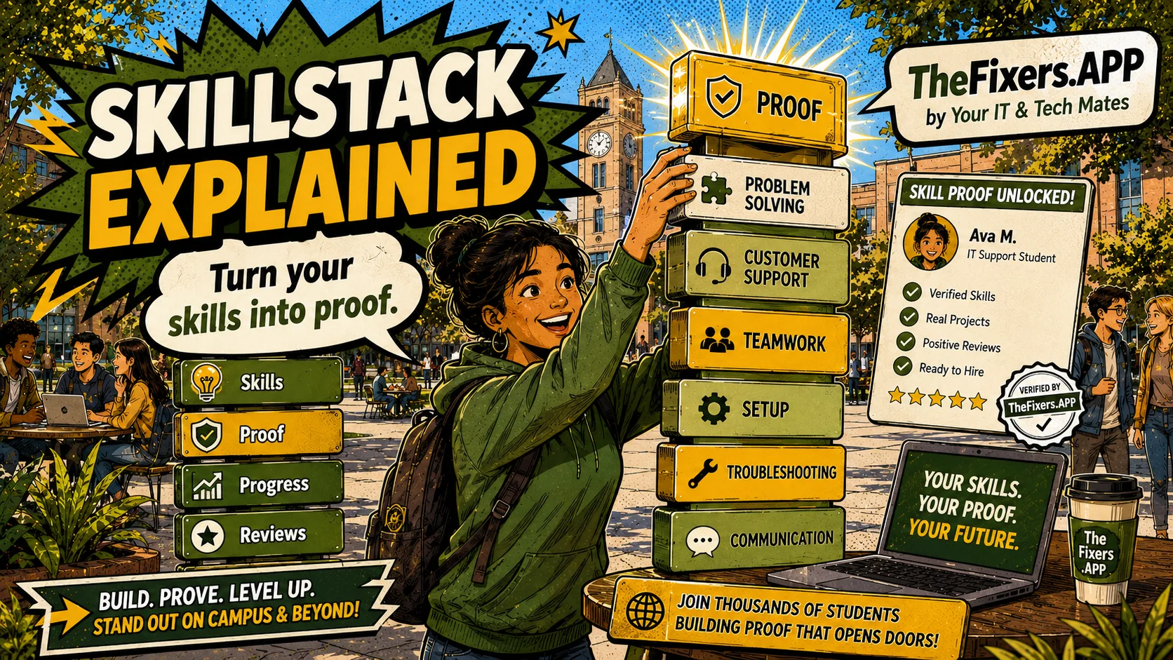 SkillStack hero showing a student turning skills into proof for MateCard on TheFixers.APP by Your IT & Tech Mates