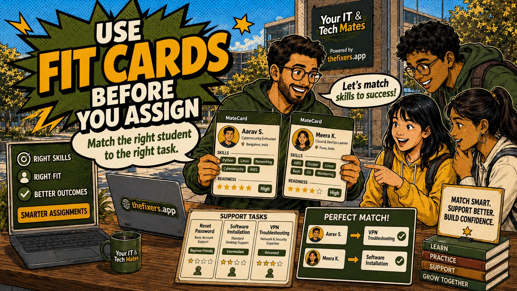 Student Fit Cards hero showing providers matching student skills to support tasks on TheFixers.APP by Your IT & Tech Mates
