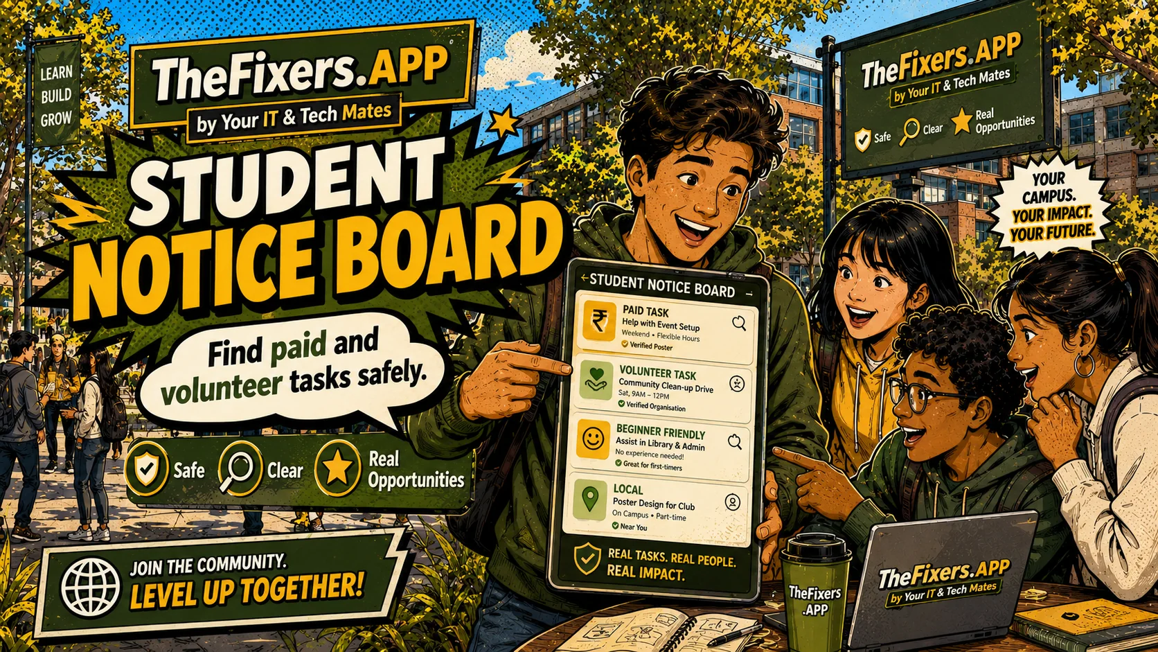 TheFixers.APP Student Notice Board showing safe paid and volunteer student tasks with Your IT & Tech Mates branding