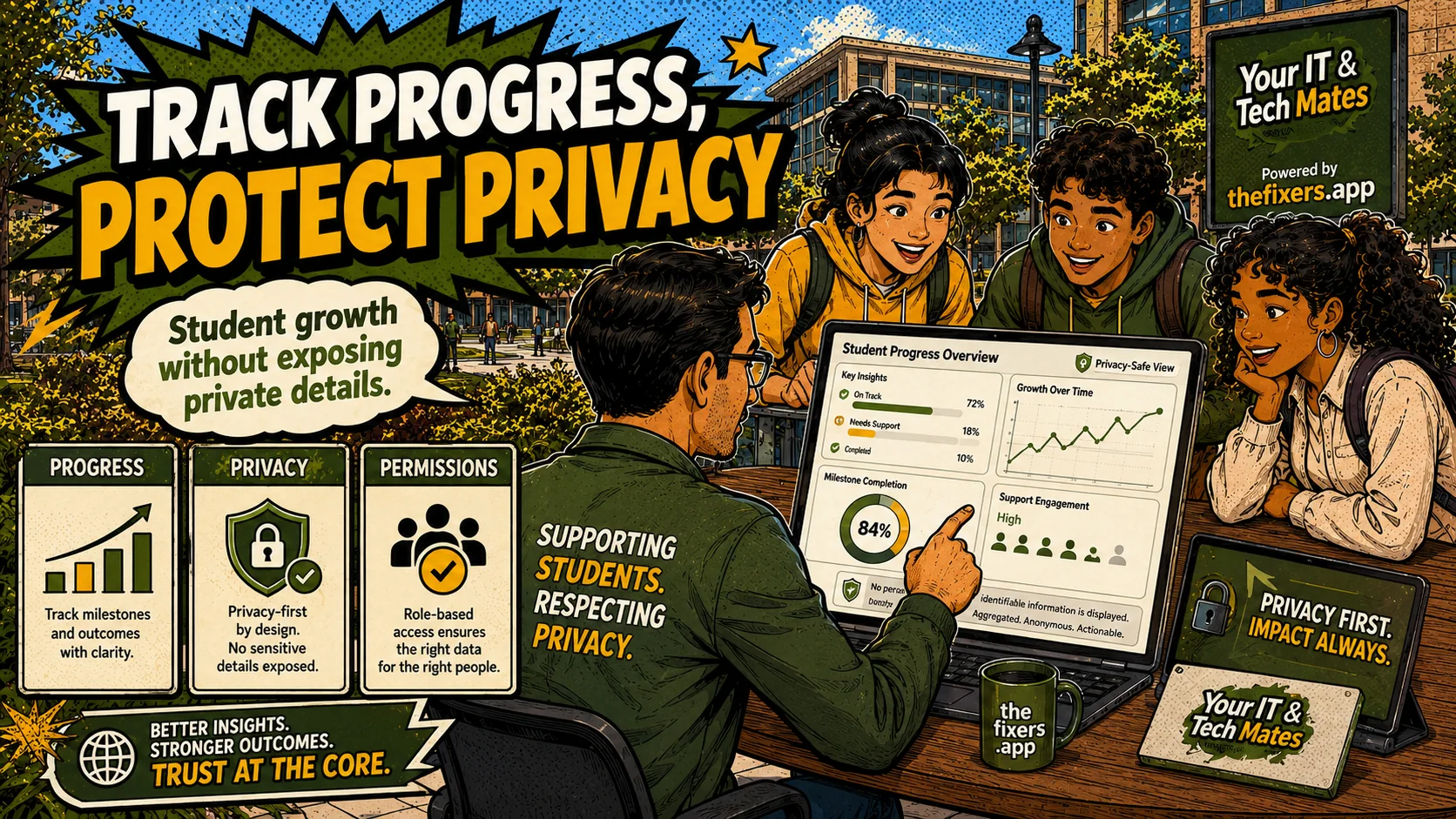 Agency student progress privacy hero showing privacy-safe progress tracking on TheFixers.APP by Your IT & Tech Mates