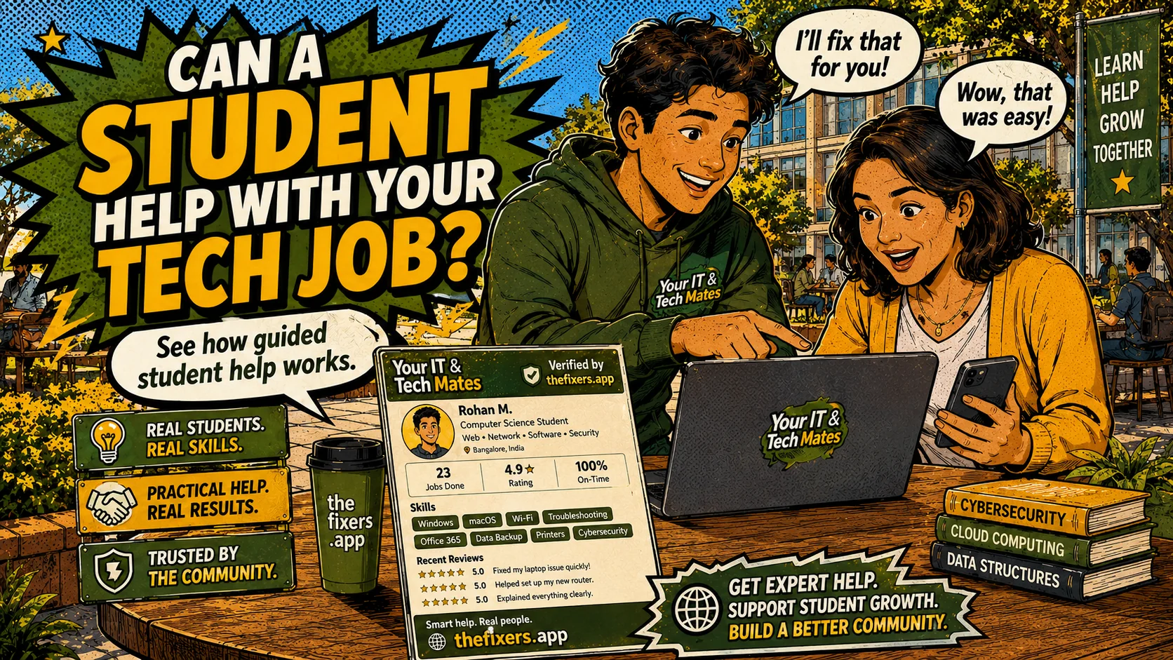 Student tech help job hero showing guided student support for a customer on TheFixers.APP by Your IT & Tech Mates
