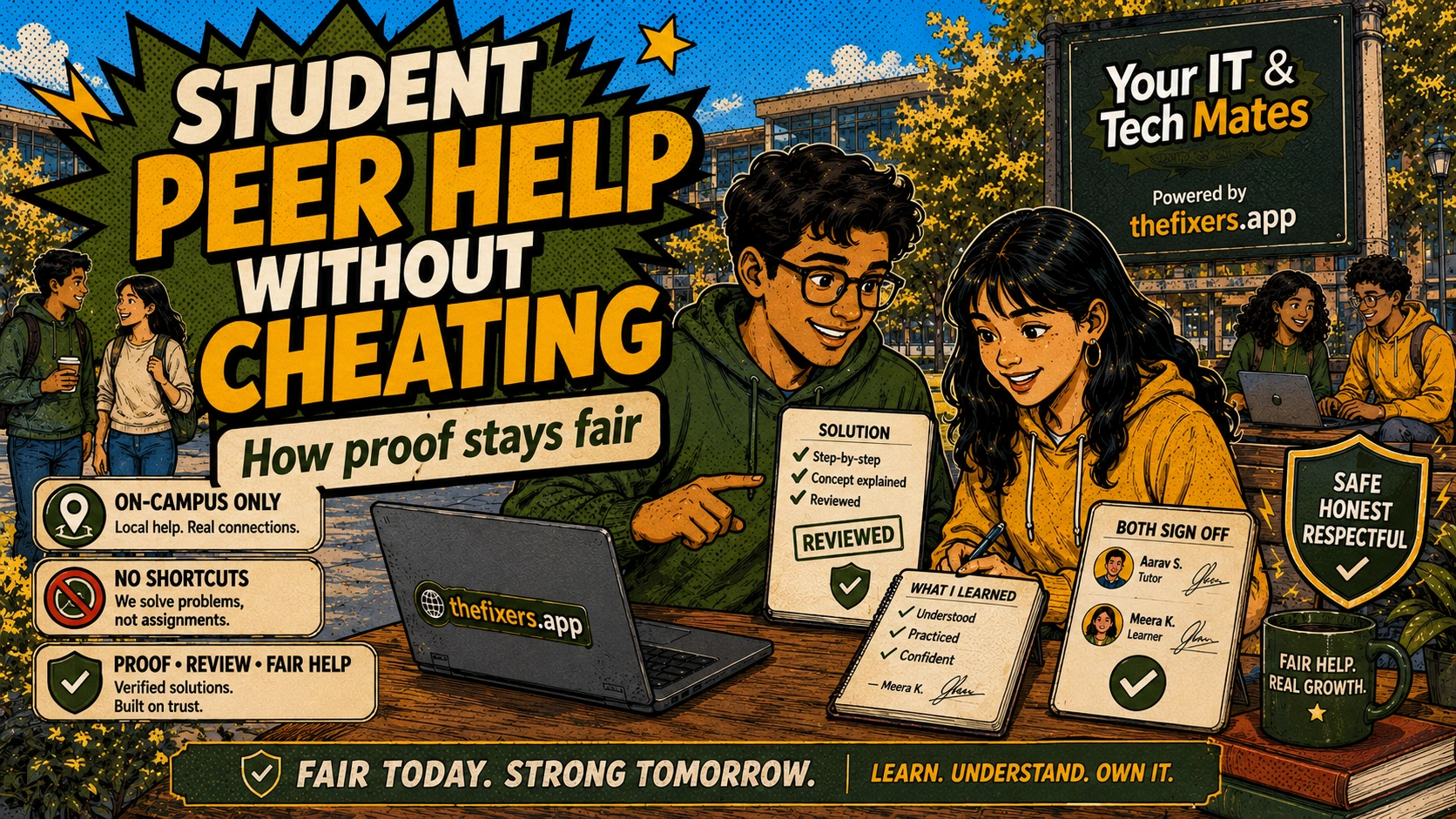 Your IT & Tech Mates powered by TheFixers.APP student peer help hero image showing students helping each other fairly on campus with proof, review, sign-off and anti-cheating safeguards.